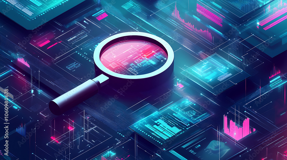 Poster cyber scrutiny it security risk assessment with magnifying glass and digital elements concept illust