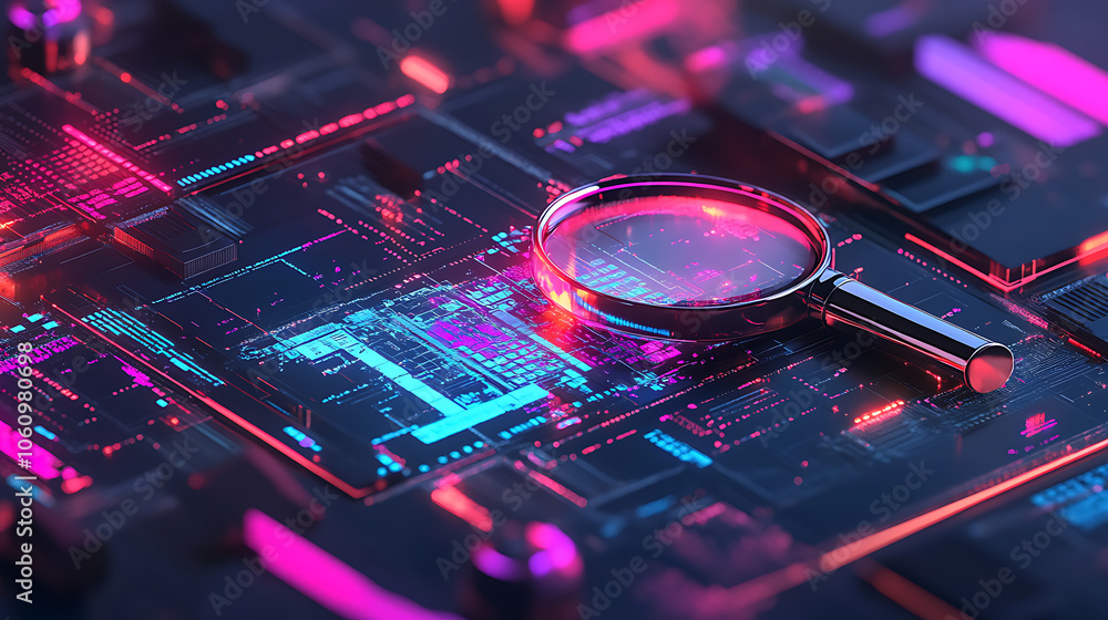 Aufkleber cyber scrutiny it security risk assessment with magnifying glass and digital elements concept illust