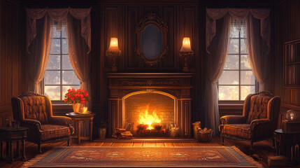 Cozy Fireplace Room with Two Armchairs  Window View  and Roses