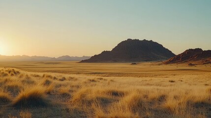 A vast, golden desert landscape with a rugged mountain range in the background, bathed in the warm light of the setting sun.