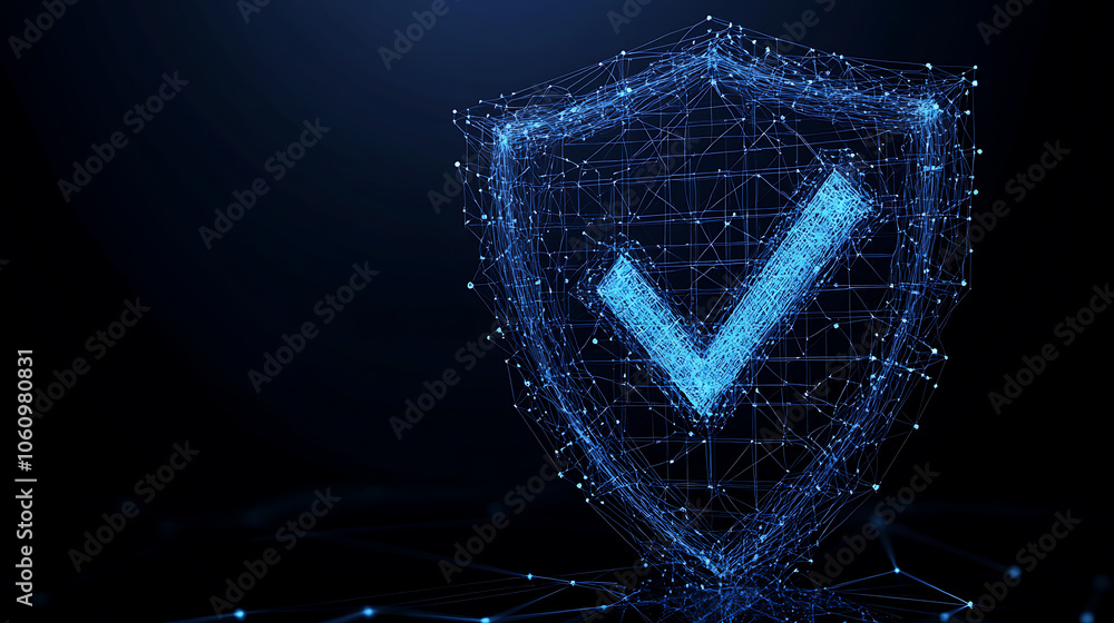 Poster dark blue wireframe shield with checkmark secure cybersecurity symbol concept
