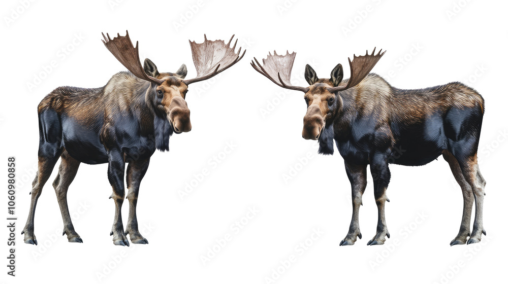 Poster realistic rendering of two moose standing on a white background generative ai