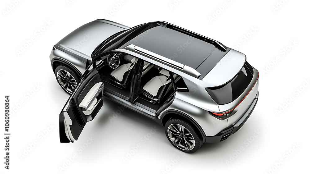 Leinwandbilder isolated simple and metallic suv car with open doors from top view on a white background that is eas