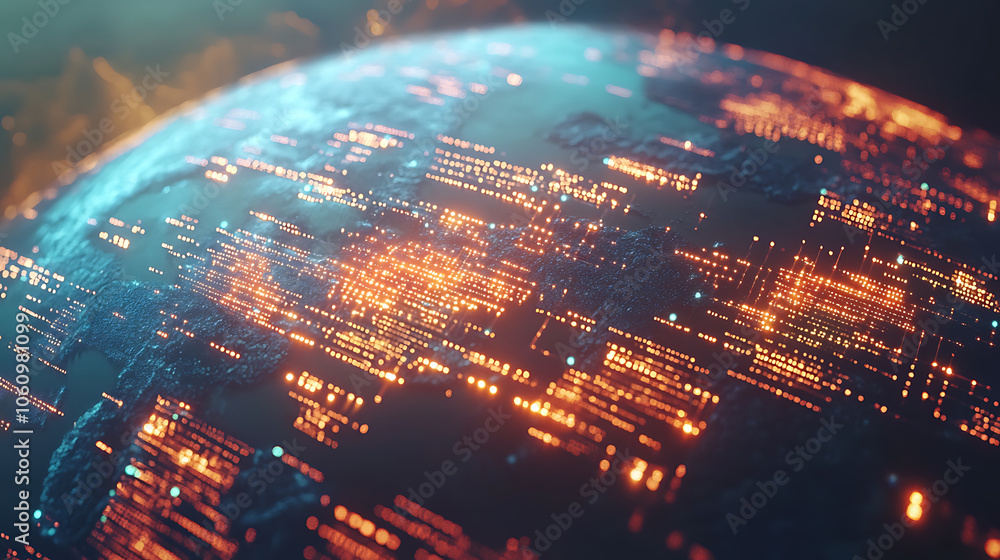 Aufkleber digital globe network connectivity concept glowing data transfer on earth cyber technology illustration 3d render
