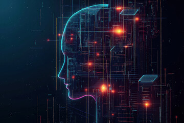 A digital silhouette of a human head with neon circuitry against a dark backdrop representing artificial intelligence concepts
