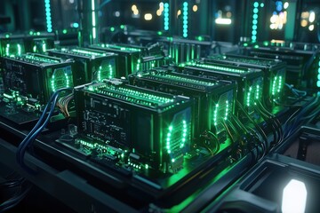 Advanced computer servers with green lights in a high-tech data center during evening hours