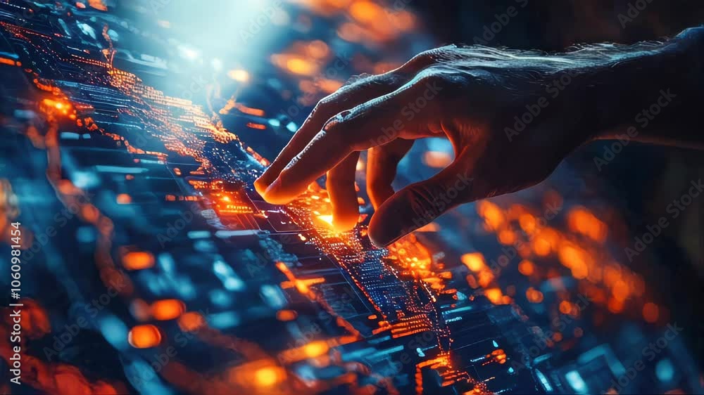 Poster hand pointing at a digital interface with glowing nodes, signifying interactive technology and data 