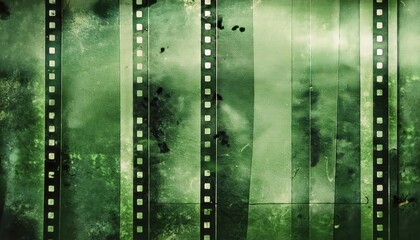 Obraz premium 35mm Aged Green Film Strip Texture with Heavy Scratches and Grain for Retro Cinema Projects, Vintage Photo Overlays, or Nostalgic Media Design Backgrounds