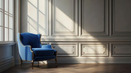 stylish blue chair set against classic wall panels, natural light filtering through a nearby window, creating a luxurious atmosphere perfect for showcasing premium products