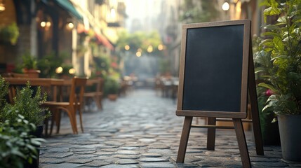 Quiet café street with empty blackboard sign