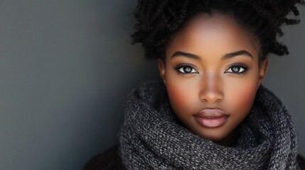 A woman with brown hair and brown eyes is wearing a scarf. She has a warm and inviting look on her face