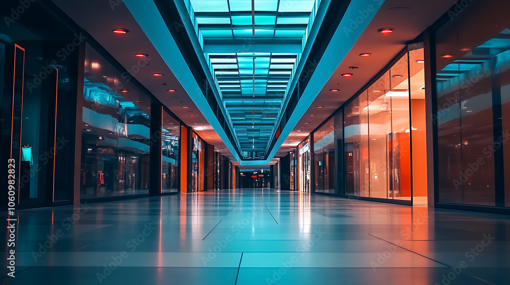 Poster empty shopping mall with sleek and modern architecture, featuring high ceilings adorned with led lig