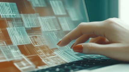 Hand browsing digital files on laptop screen in futuristic office environment