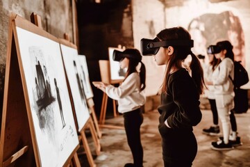 Obraz premium Children engaging with virtual reality art in modern interactive gallery experience