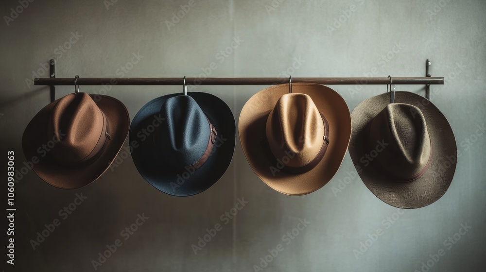 Poster a collection of several classic fedora hats displayed on a rack, showcasing their unique colors and 