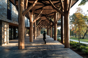 Obraz premium Modern architectural wooden walkway surrounded by trees in sunlit setting