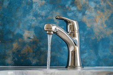 Modern Faucet with Flowing Water Against Blue Background