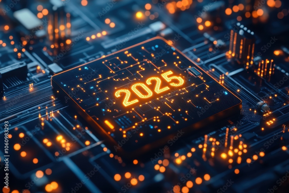 Poster advanced microchip design featuring the year 2025 illuminated on a circuit board with glowing lights