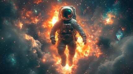 Astronaut floats in a fiery nebula, surrounded by stars and clouds.