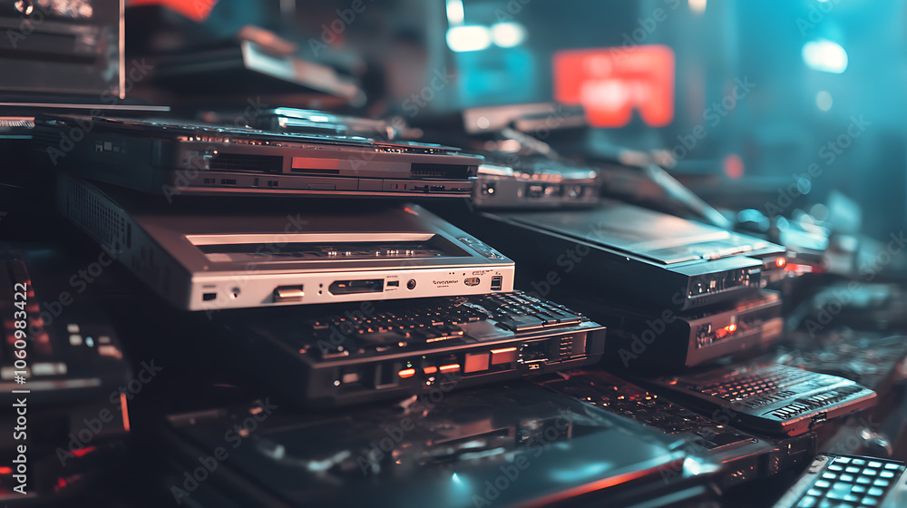 Poster ewaste pile of discarded laptops and electronics recycling and disposal concept blurred background