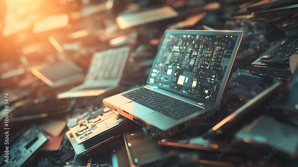Poster ewaste pile of discarded laptops and electronics recycling and disposal concept blurred background