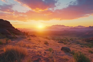 Sunset Over Mountain Landscape with Vibrant Sky