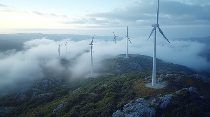 A group of wind turbines are visible in the foggy sky. The turbines are spread out across the landscape, with some closer to the foreground and others further away. The fog adds a sense of mystery
