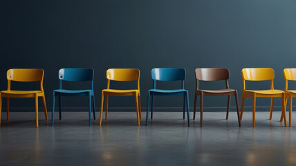 A row of modern minimalist chairs against a solid blue background. Four identical blue chairs are arranged in a line, with a single yellow chair standing out 