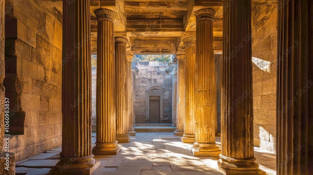Poster ancient columns and stone walls create a serene, historical atmosphere in a temple-like structure.