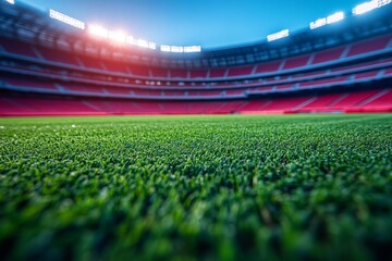 Naklejka premium Empty stadium with pristine green field under bright stadium lights