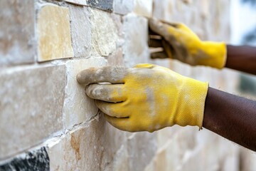 Hands Installing Stone Cladding on a Wall