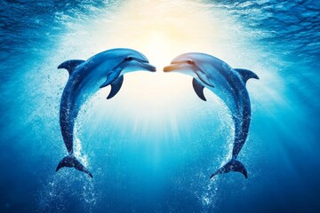 Fototapeta premium Two dolphins leap together in synchronized motion over the ocean creating a heart shape under bright sunlight