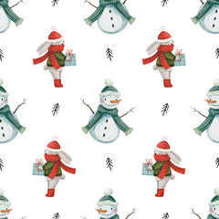 Winter Christmas watercolor seamless pattern with bunny and snowman on transparent background 