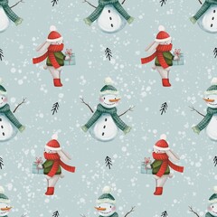 Winter Christmas watercolor seamless pattern with bunny and snowman on light blue background 