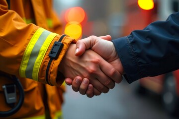 Close-up of a Handshake Between a Firefighter and Another Person. Concept of Teamwork, gratitude, and support in emergency situations. Blurry soft background
