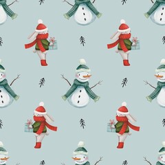 Winter Christmas watercolor seamless pattern with bunny and snowman on blue background 