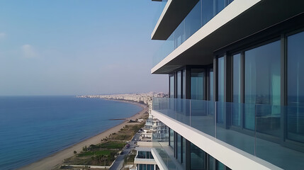 glass balconies on a brand, new apartment complex, houses with modern architecture near the sea, The building's facade is heavily glassed