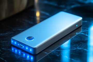 Sleek power bank with LED charge indicator on dark marble surface