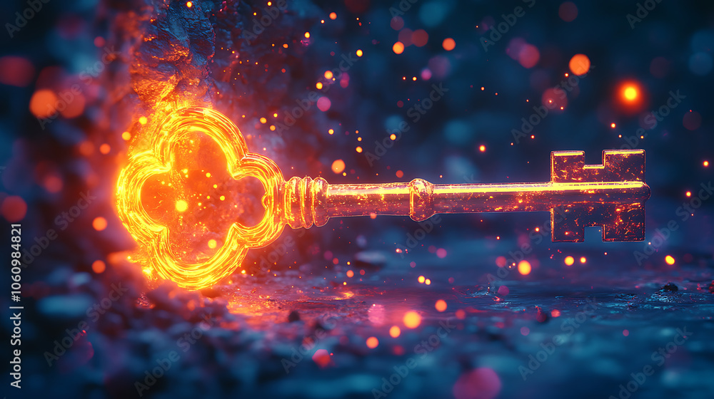 Poster glowing magical key unlocking illuminated gateway to future dreams and opportunities concept