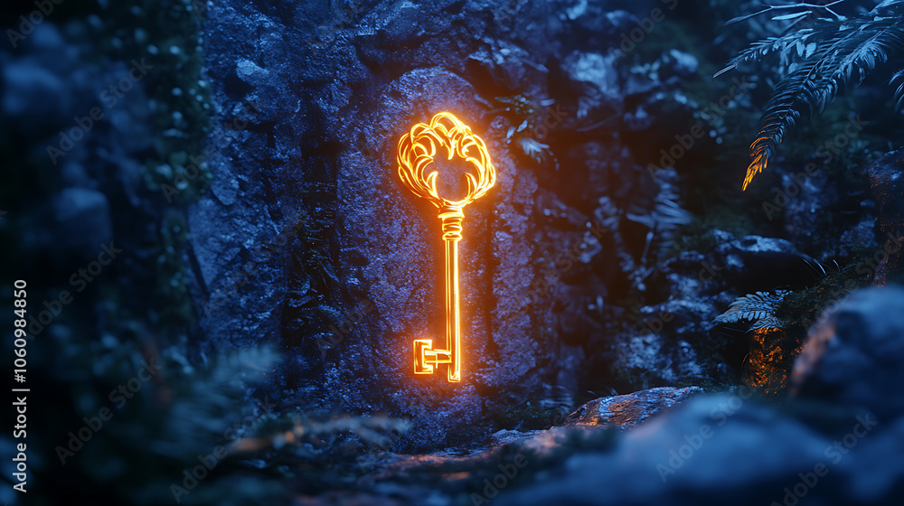 Poster glowing magical key unlocking illuminated gateway to future dreams and opportunities concept