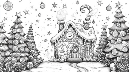 Naklejka premium Christmas Gingerbread House Cottage Black and White Illustration