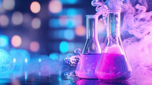 Vibrant glass containers filled with colorful liquids release smoke, showcasing a creative science experiment in a modern chemistry lab setting