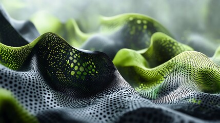 Detailed 3D background with black and green dots creating wave textures across mountain peaks