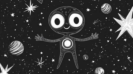 Fototapeta premium Cartoon Alien Character Floating In Outer Space With Planets and Stars