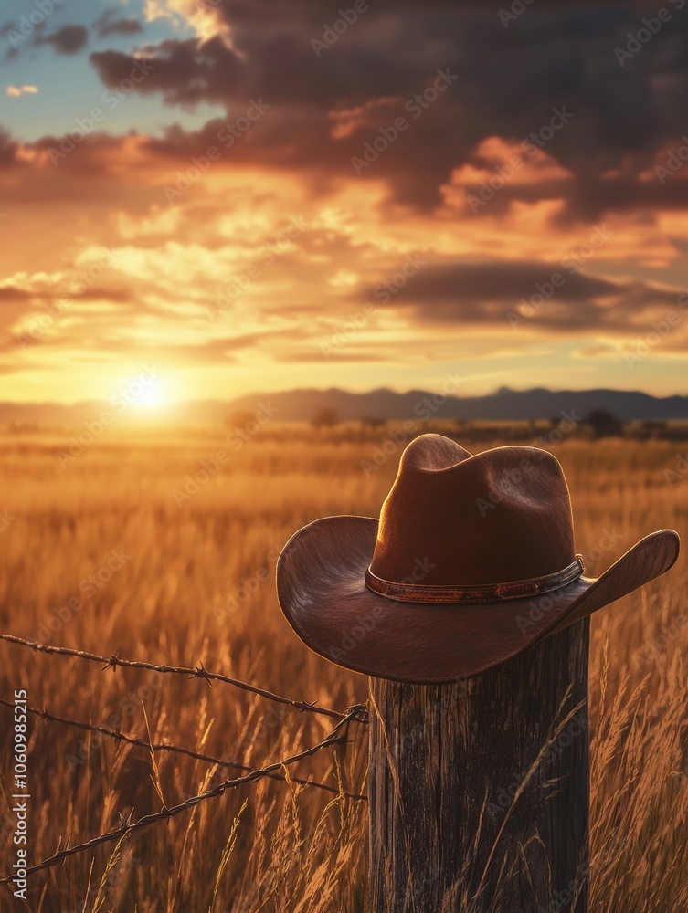 Poster the warm glow of sunset casts a beautiful light on a cowboy hat placed on a weathered fence post in 