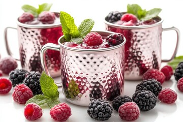 Vibrant berry mocktails in hammered mugs