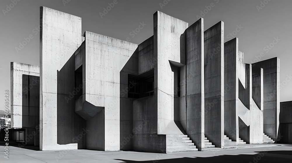 Poster highcontrast black and white photo of brutalist building geometric shapes and shadows abstract archi