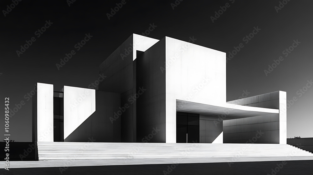 Poster highcontrast black and white photo of brutalist building geometric shapes and shadows abstract archi