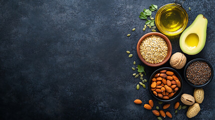 healthy fats food selection with avocado nuts seeds and olive oil flat lay