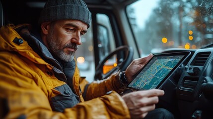 Close-Up of Truck Driver Using Tablet for Navigation in Cabin Seat